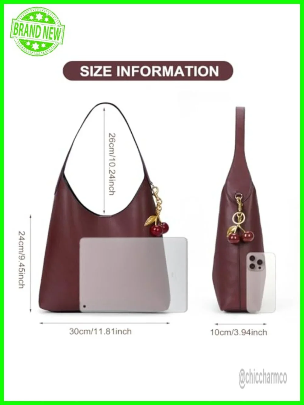 Faux Suede Hobo Bag Vegan Leather Shoulder Bag Tote with Cherry Charm Slouchy